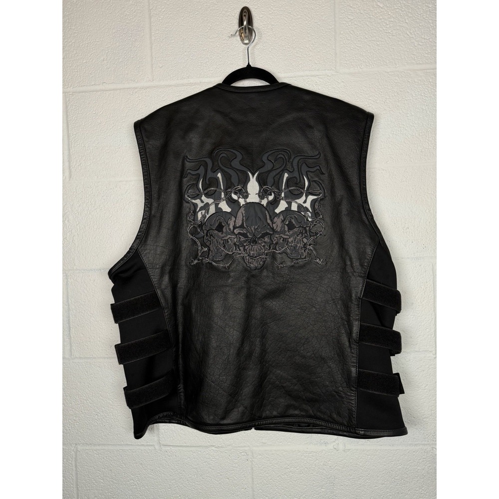 Xelement Leather Motorcycle Vest 3XL Black Skull Biker Zip Side Straps Punk Goth